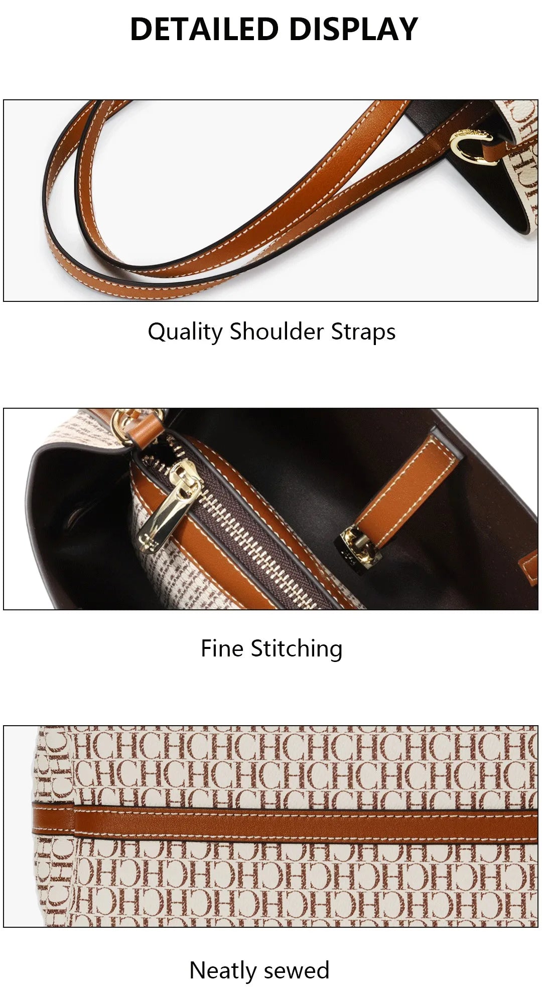 CH Women's Shoulder Bag Simple Large Capacity Letters Print Design Small Metal Accessories Daily Commuter Tote Bag Pure Color