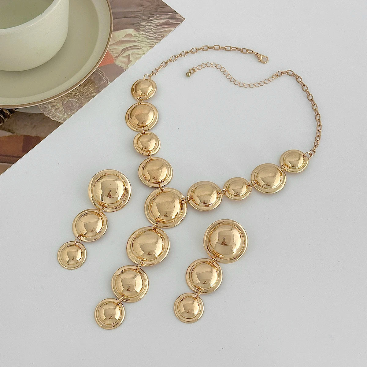 Salircon Women Punk Metal Y-Shaped Chain Jewelry Set Exaggerated Geometric Smooth Circular Spliced Long Necklace And Earrings