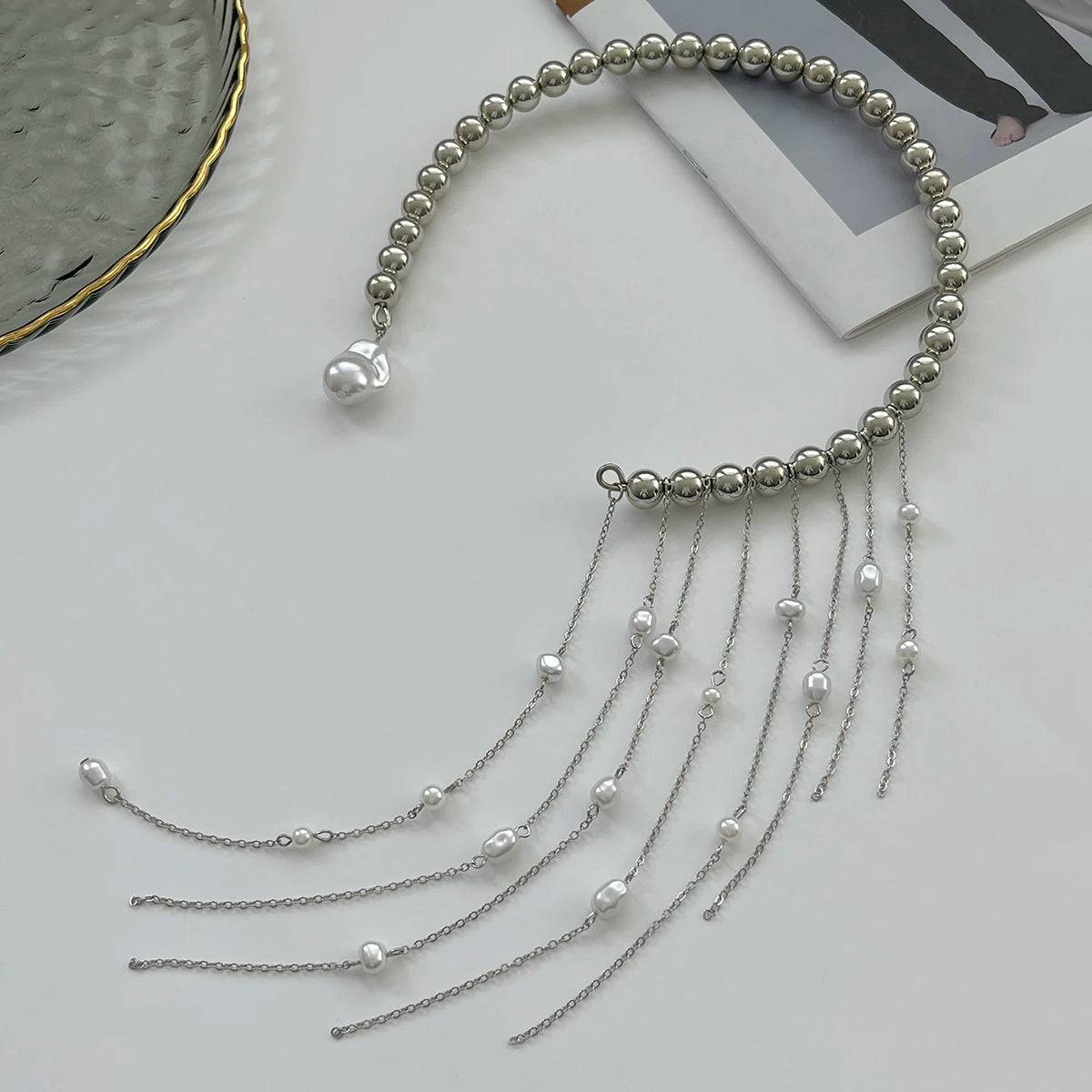 Salircon Exquisite Imitation Pearl Tassels Open Choker Necklace Women Fashion Long Tassel CCB Beads Clavicle Chain Jewelry 2025