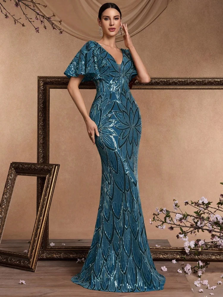 Sexy backless maxi sequins women 2025 elegant luxury mesh wedding party dress Short sleeve evening dresses vestidos