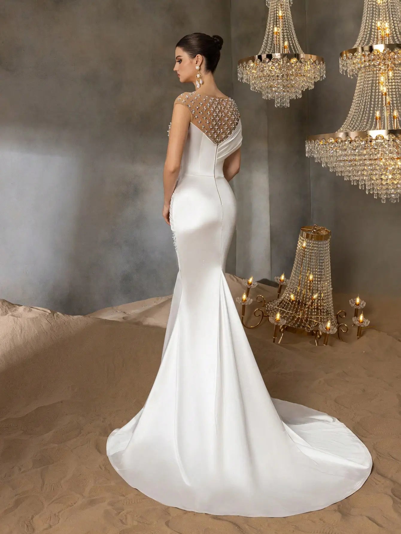 Elegant rhinestone-detailed pleated front panel beaded mesh and satin wedding dress