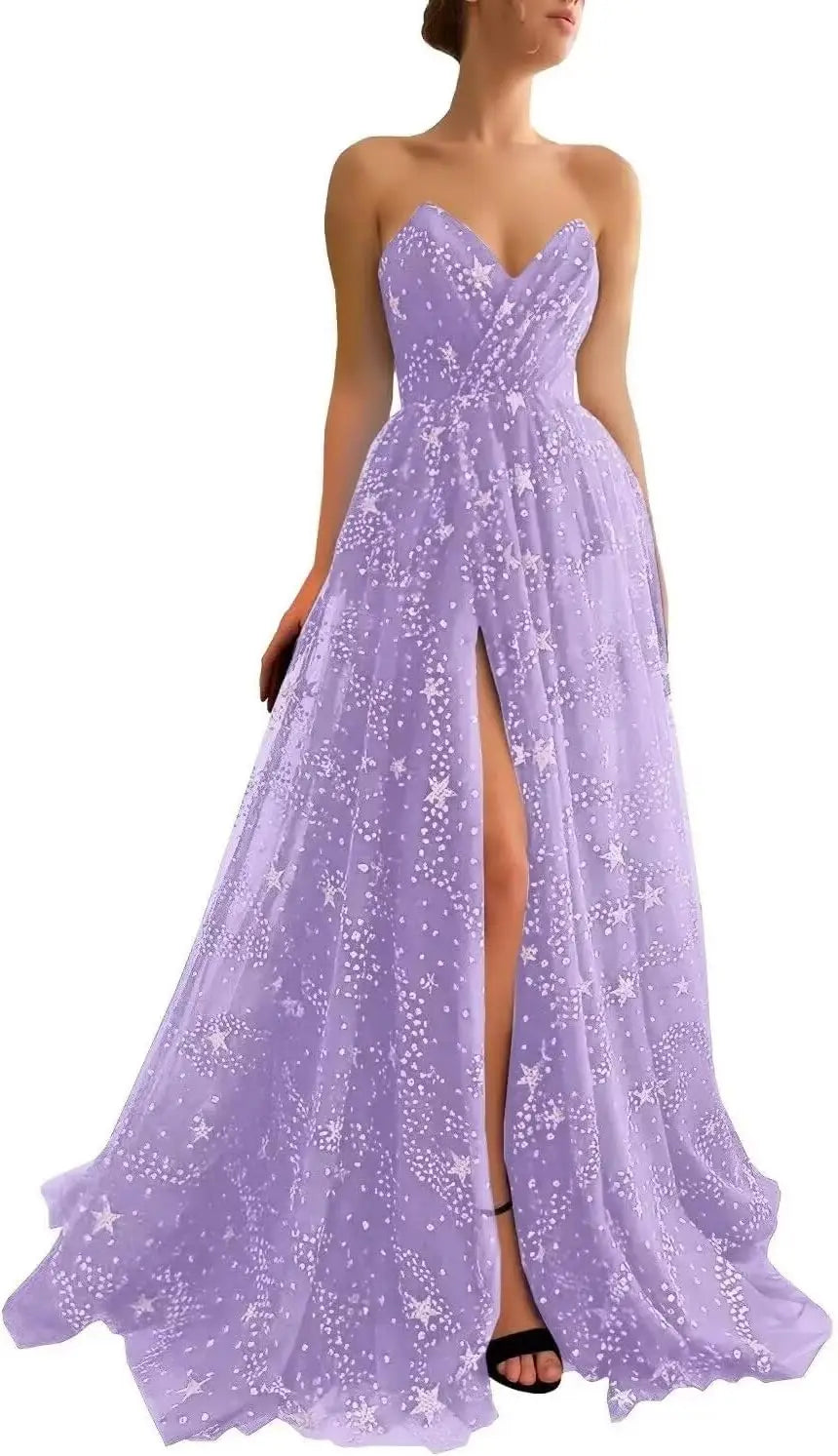 V Neck Women's Sparkle Starry Tulle Prom Dresses Strapless Slit Formal Evening Party Gowns Formal Dress Women Elegant