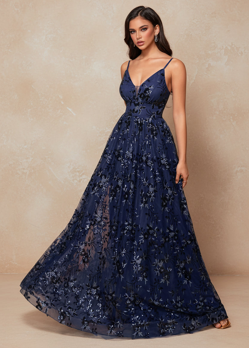 Elegant Sequins Sexy Backless Evening Dress For Women Deep V-neck Prom Party  Dress Floor Length Blue Formal Gowns