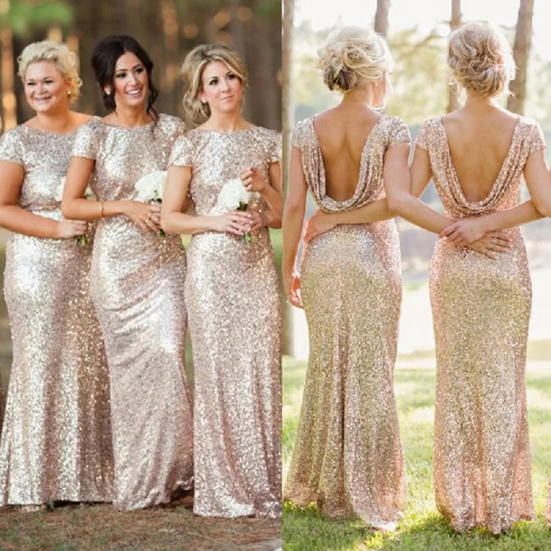 Women Bridesmaid Dresses Formal Wedding Party Guest Gown Mermaid  Sequins Short Sleeves O Neck Backless Rose Gold Champagne