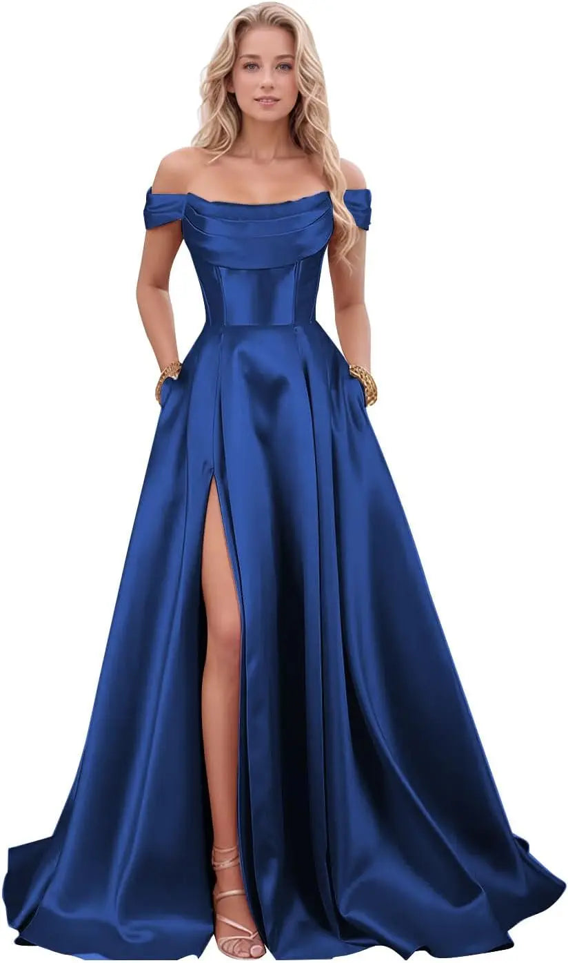 Satin Prom Dresses with Slit Strapless A Line Corset Ball Gowns Off Shoulder Formal Evening Gowns with Pockets Party Dresses