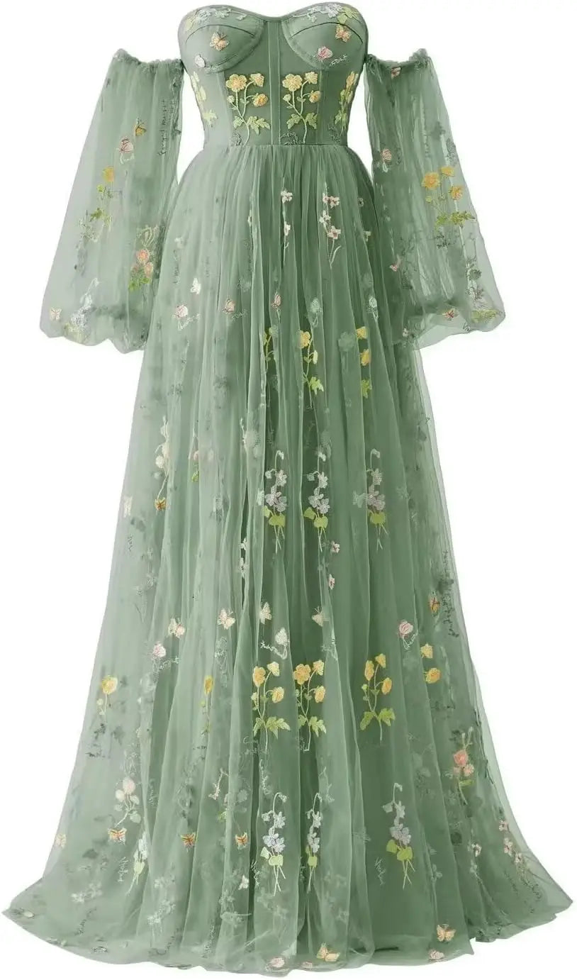 Tulle Prom Dresses for Women Flower Embroidery A-Line Formal Evening Party Gowns Formal Dress Women Elegant Evening Dress