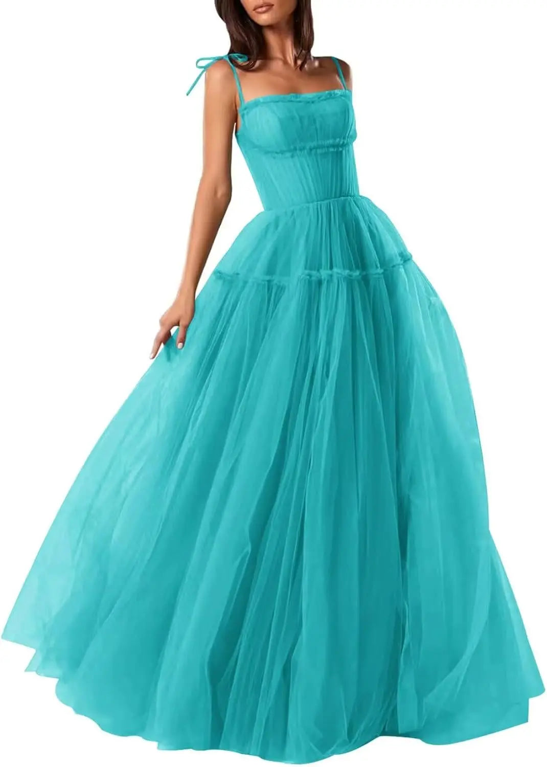 Women's Tulle Prom Dresses Spaghetti Straps Bridesmaid Dresses Long A Line Foraml Evening Party Gowns Tiered Fluffy Skirt Dress