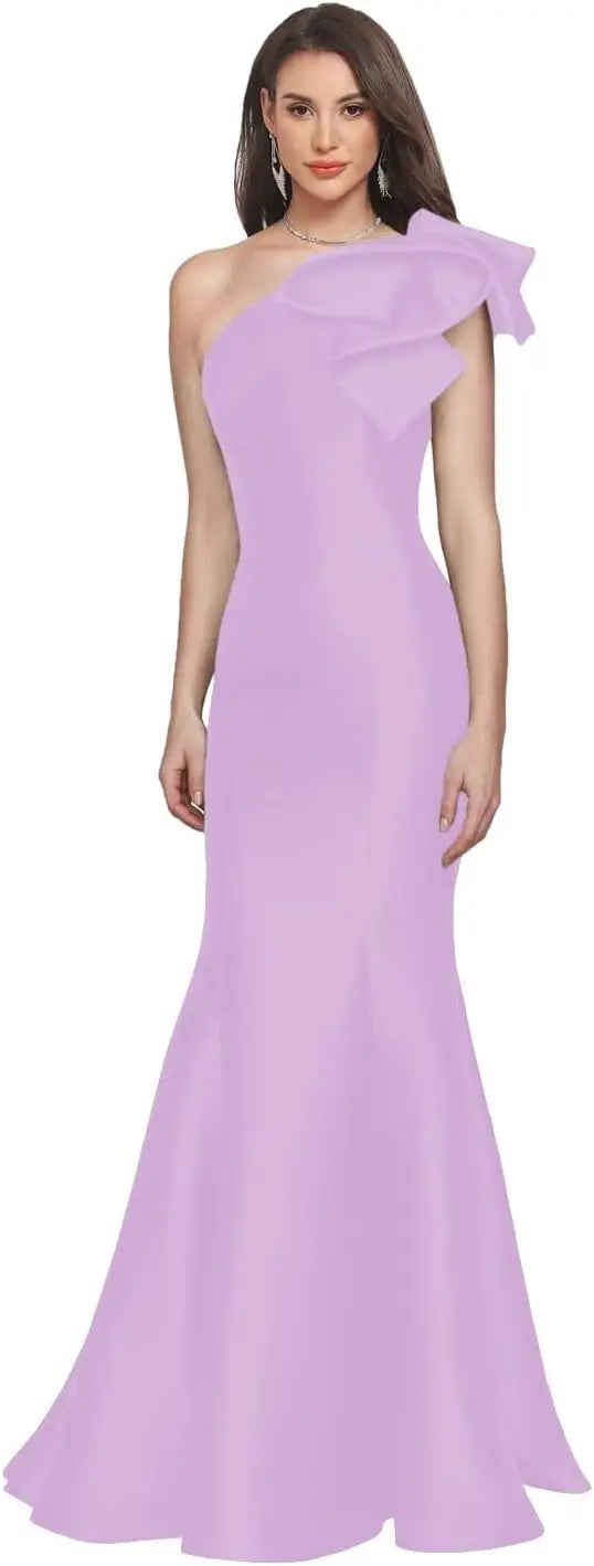 One Shoulder Prom Dresses Satin Mermaid Long Gowns With Bow
