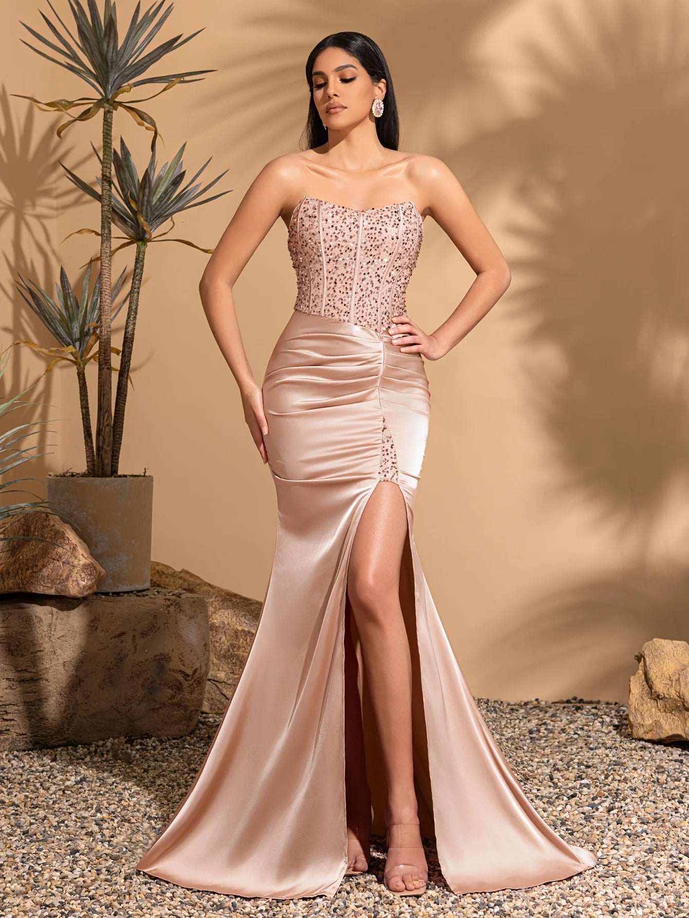 Satin pleated floor-length sequined patchwork strapless dress with back ties