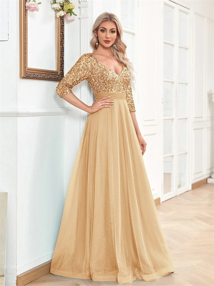 Luxury Gold Floor Length V-Neck Tulle Evening Dresses Women Elegant Party Maxi Dress Sequin Short Sleeves Prom Cocktail Gown