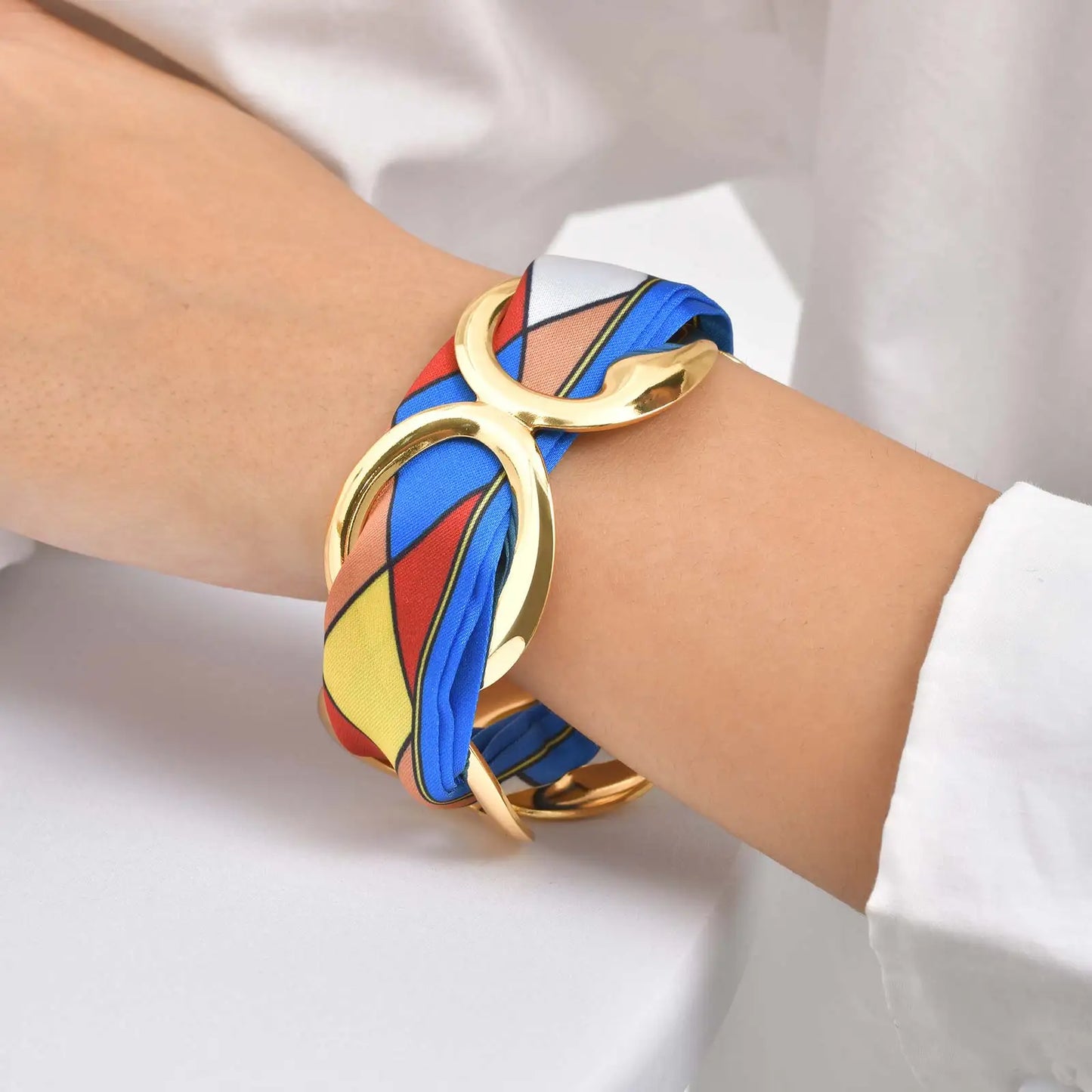 Luxury Simulated Silk Printed Silk Scarf Cuff Bracelet for Women,Stainless Steel Hollow Open Cuff Bracelets,Vintage Jewelry Gift