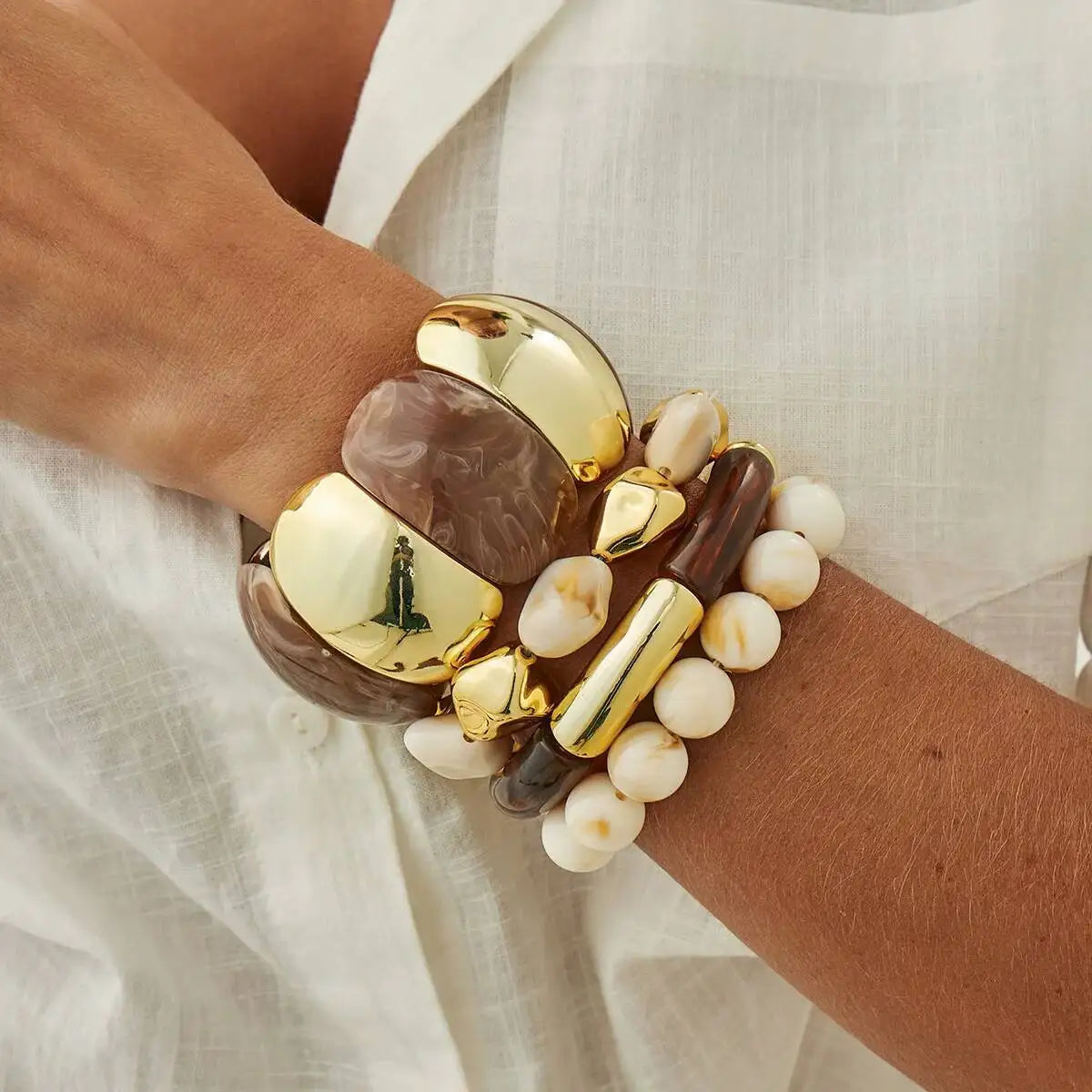 Salircon 4 Styles New Vintage Beige Coffee Resin Beaded Chain Bangle Bracelets Spliced Acrylic Bracelet for Women Ethnic Jewelry