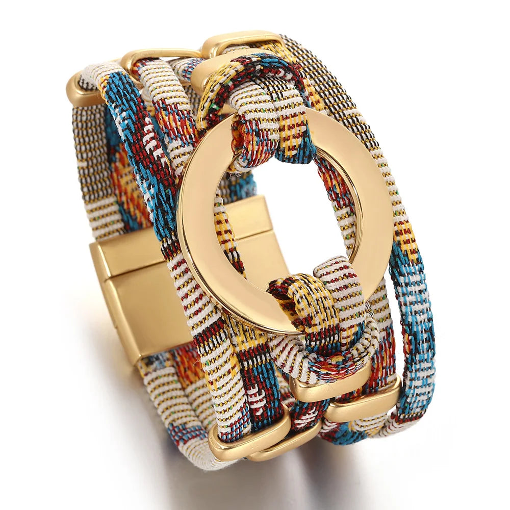ALLYES Vintage Hollow Round Weave Leather Bracelet for Women Men Ethnic Pattern Multilayer Wrap Wide Bracelets Boho Jewelry