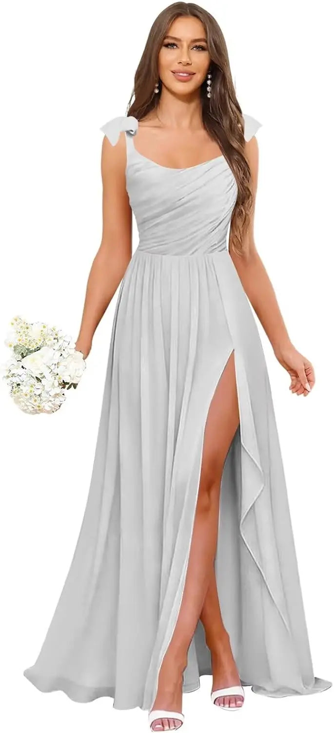 Square Neck Bridesmaid Dress with Ruffle Slit Chiffon Spaghetti Straps Ruched Bust Long Formal Prom Wedding Guest Gown