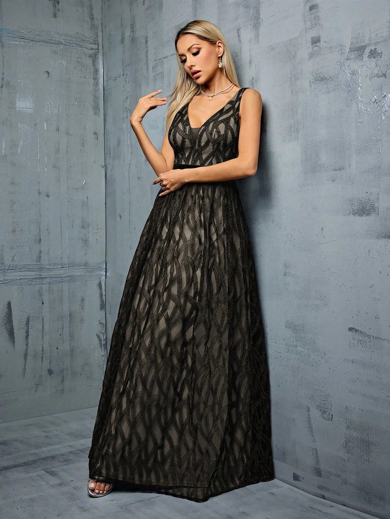 V-Neck Embroidered Lace Maxi Dress