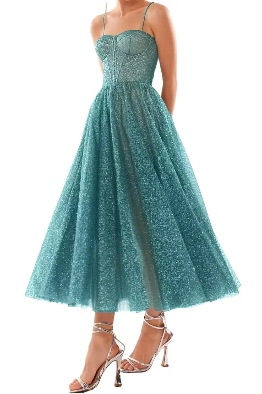 A Line Glitter Tea Length Formal Evening Cocktail Party Dresses for Women, Sequined Spaghetti Midi Corset Prom Gowns Cocktail