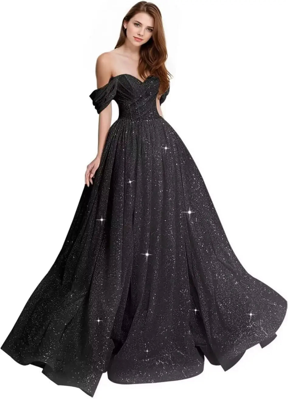 Sexy Long Ball Gown Party Evening Dresses Sparkly Tulle Prom Dress 2026 Off The Shoulder Formal Dresses for Women Glitter A Line