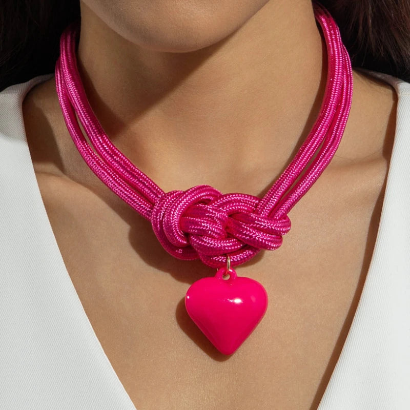 Bohemian Fashion Rose Red Color Braided Rope Love Pendant Necklace, Women's Personalized Ethnic Style Festival Accessories