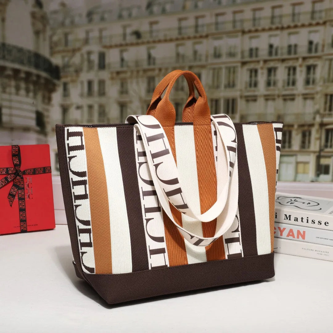 Women's Tote Bag Simple Stripe Design Women's Shoulder Bag Letter Print Large Capacity Commuter Style Classic Ladies Crossbod