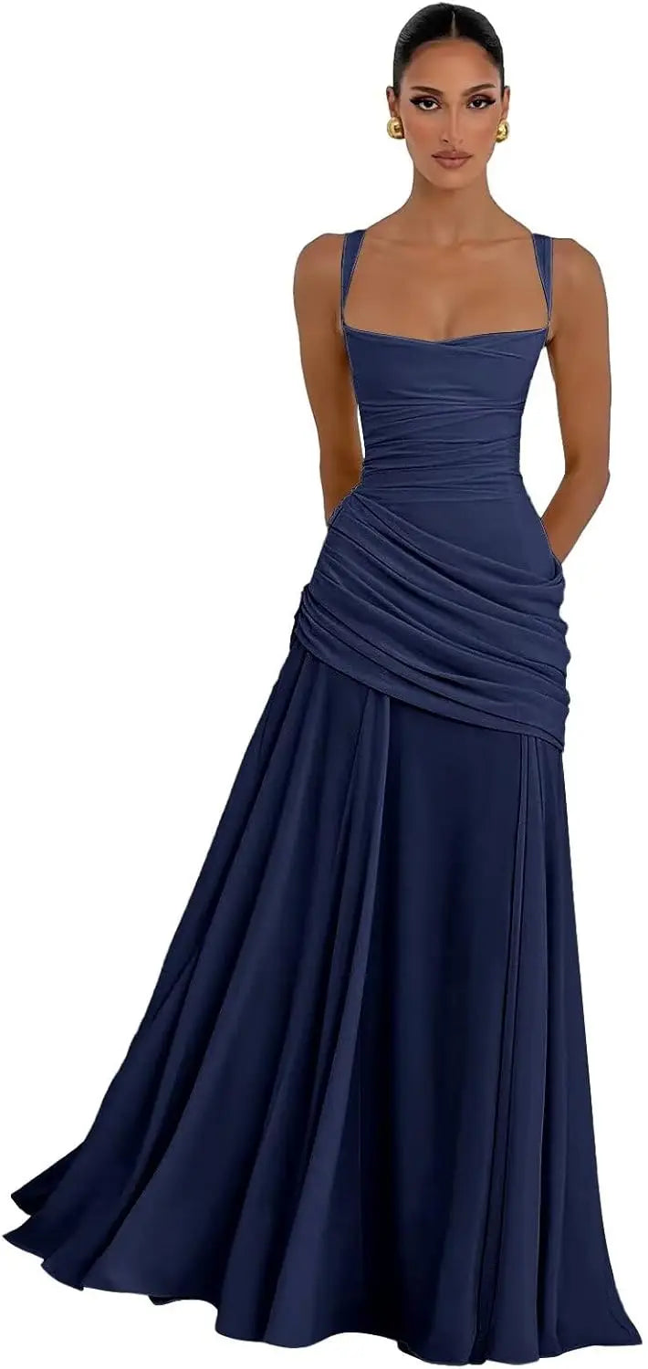 Elegant Chiffon Prom Dresses for Women Spaghetti Straps Long Bridesmaid Dress Square Neck Formal Evening Party Gowns