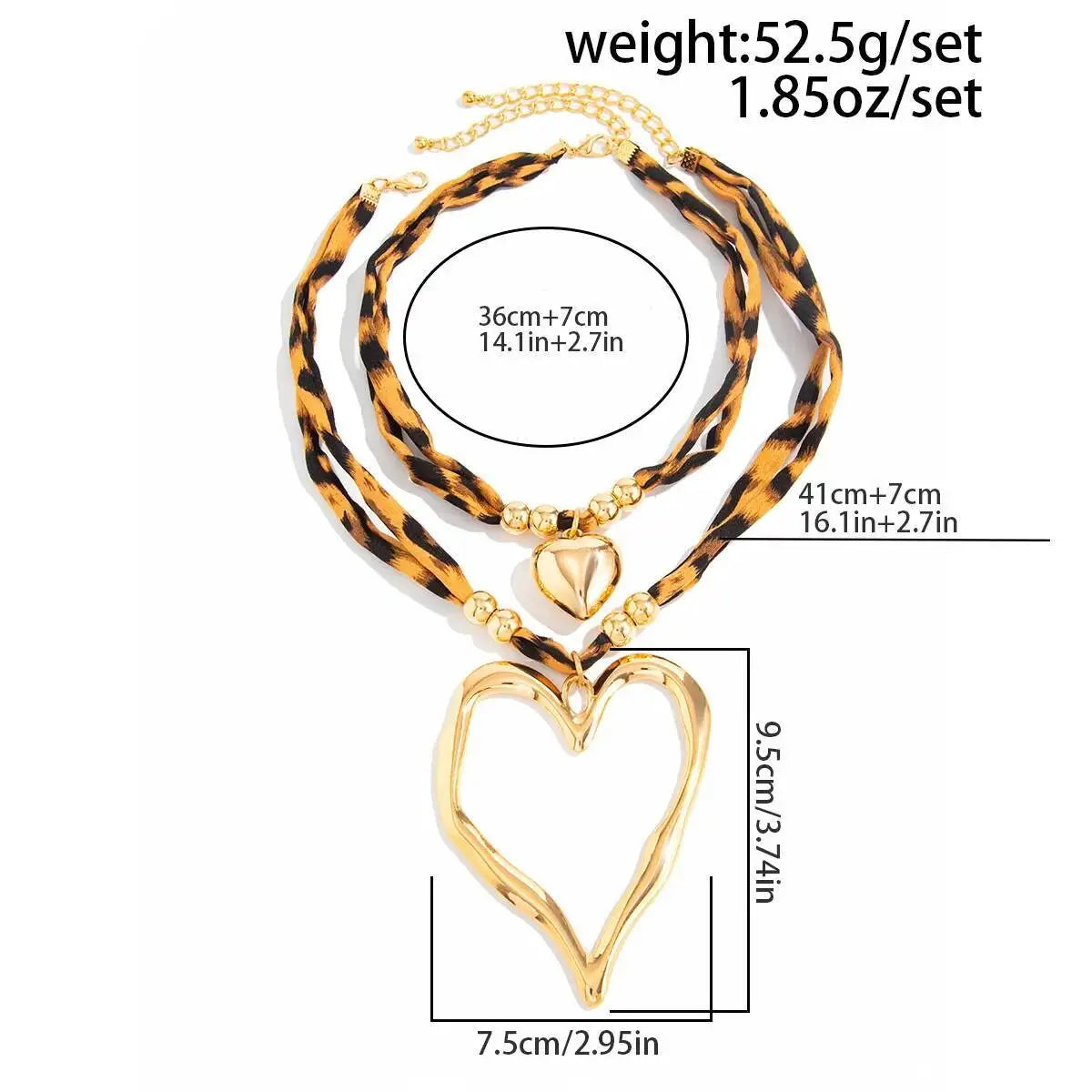 KunJoe 2Pcs/Set Retro Leopard Print Cotton Rope Chain Choker Necklace for Women Punk Big Heart Pendant Necklace Fashion Jewelry