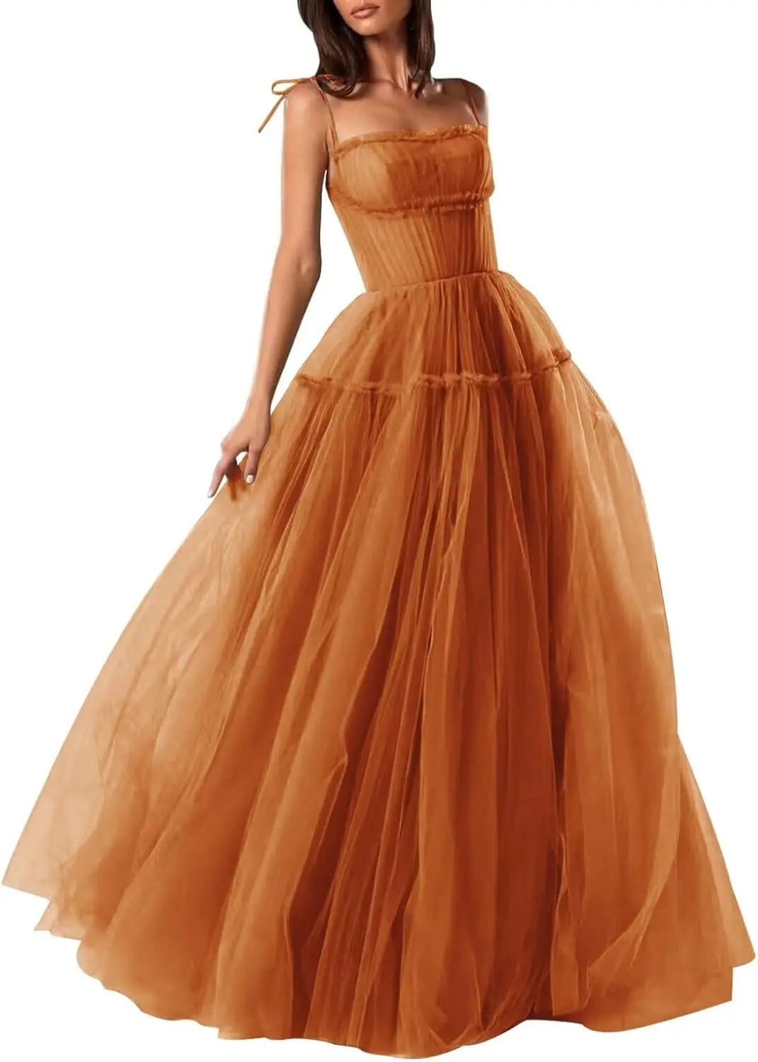 Women's Tulle Prom Dresses Spaghetti Straps Bridesmaid Dresses Long A Line Foraml Evening Party Gowns Tiered Fluffy Skirt Dress