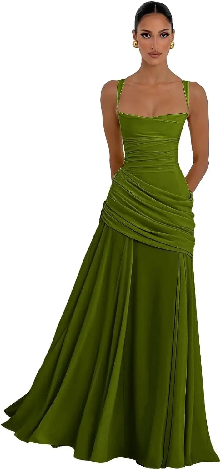 Elegant Chiffon Prom Dresses for Women Spaghetti Straps Long Bridesmaid Dress Square Neck Formal Evening Party Gowns
