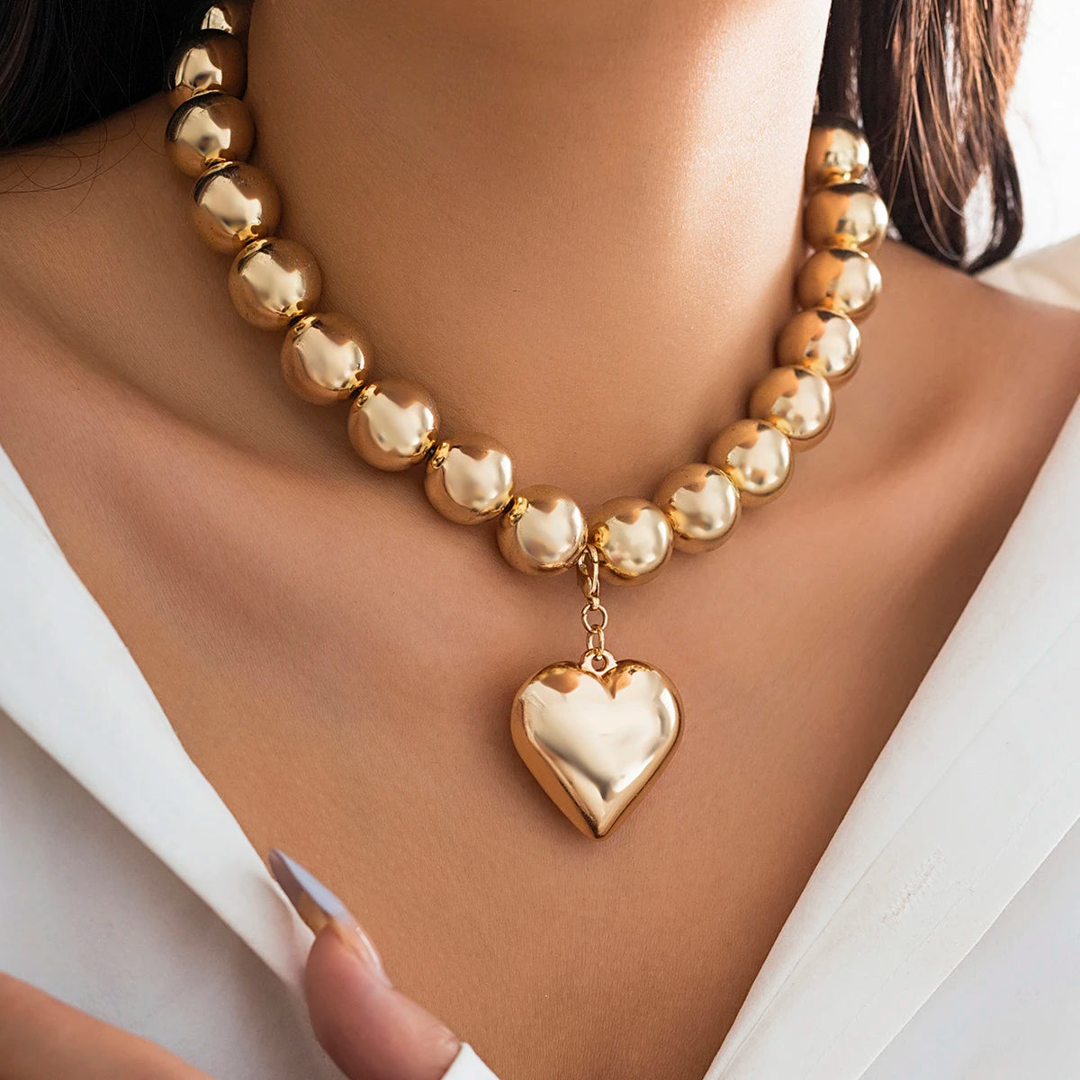 Salircon Big CCB Ball Beaded Chain Heart Shape Pendant Necklace for Women Gold Color Trendy Clavicle Choker Necklace  Jewelry