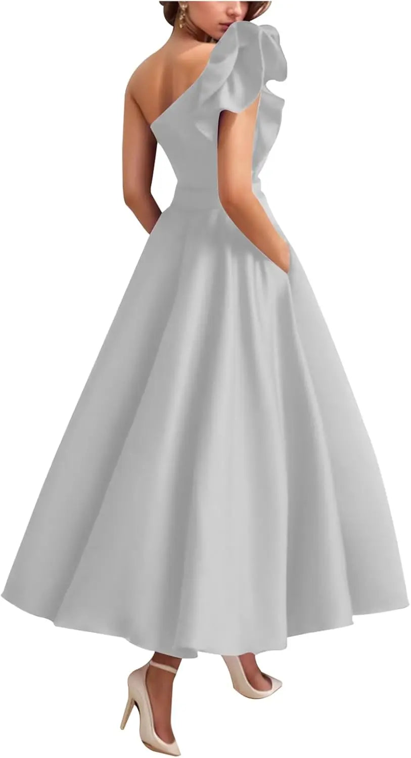 Women's One Shoulder Elegant Evening Dress with Pockets Satin Tea Length A Line Formal Wedding Guest Dress Prom Dresses
