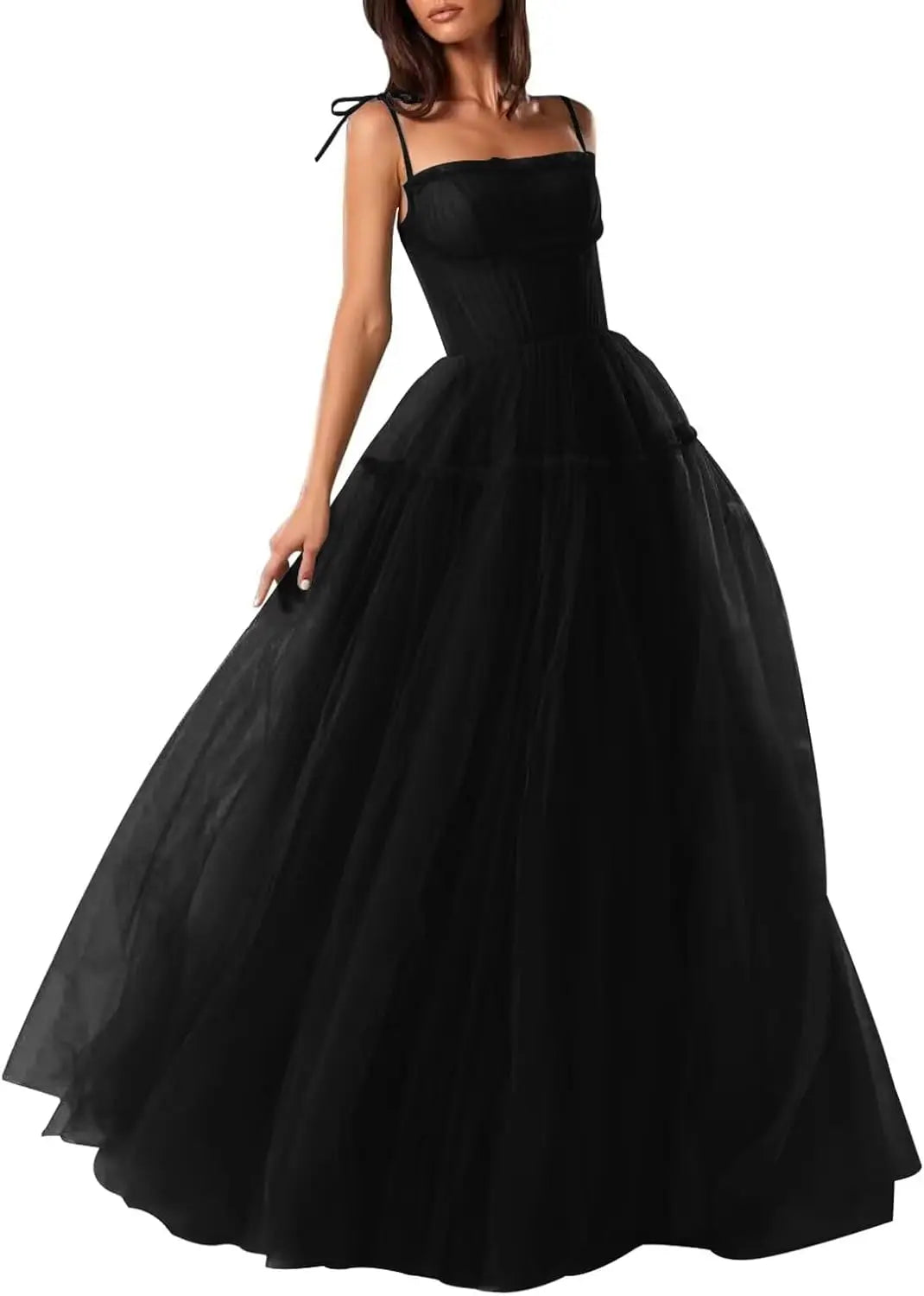 Women's Tulle Prom Dresses Spaghetti Straps Bridesmaid Dresses Long A Line Foraml Evening Party Gowns Tiered Fluffy Skirt Dress