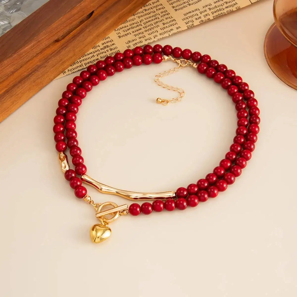 KunJoe Vintage Red Acrylic Beaded Choker Necklace for Women Trendy Stacked Love Heart Pendant Necklace New Year Jewelry Gifts