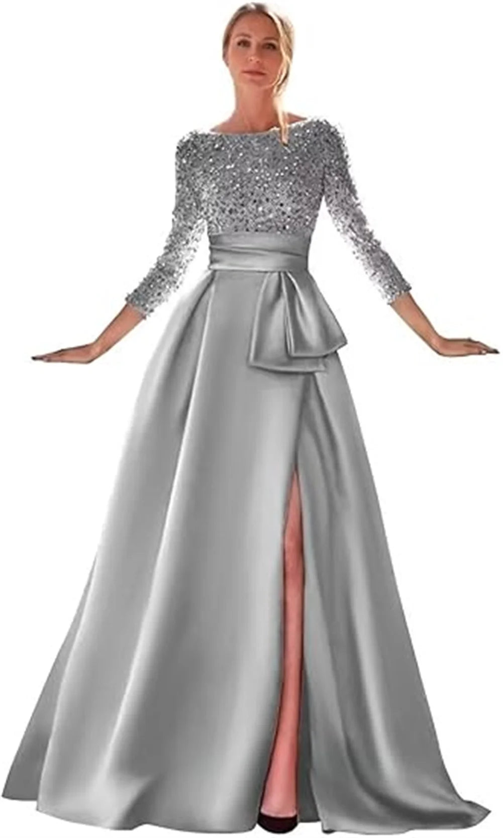 Long Sleeves Mother Of The Bride Dresses For Wedding Sparkly Sequin Ball Gowns Side Slit Satin Formal Party Prom Gown