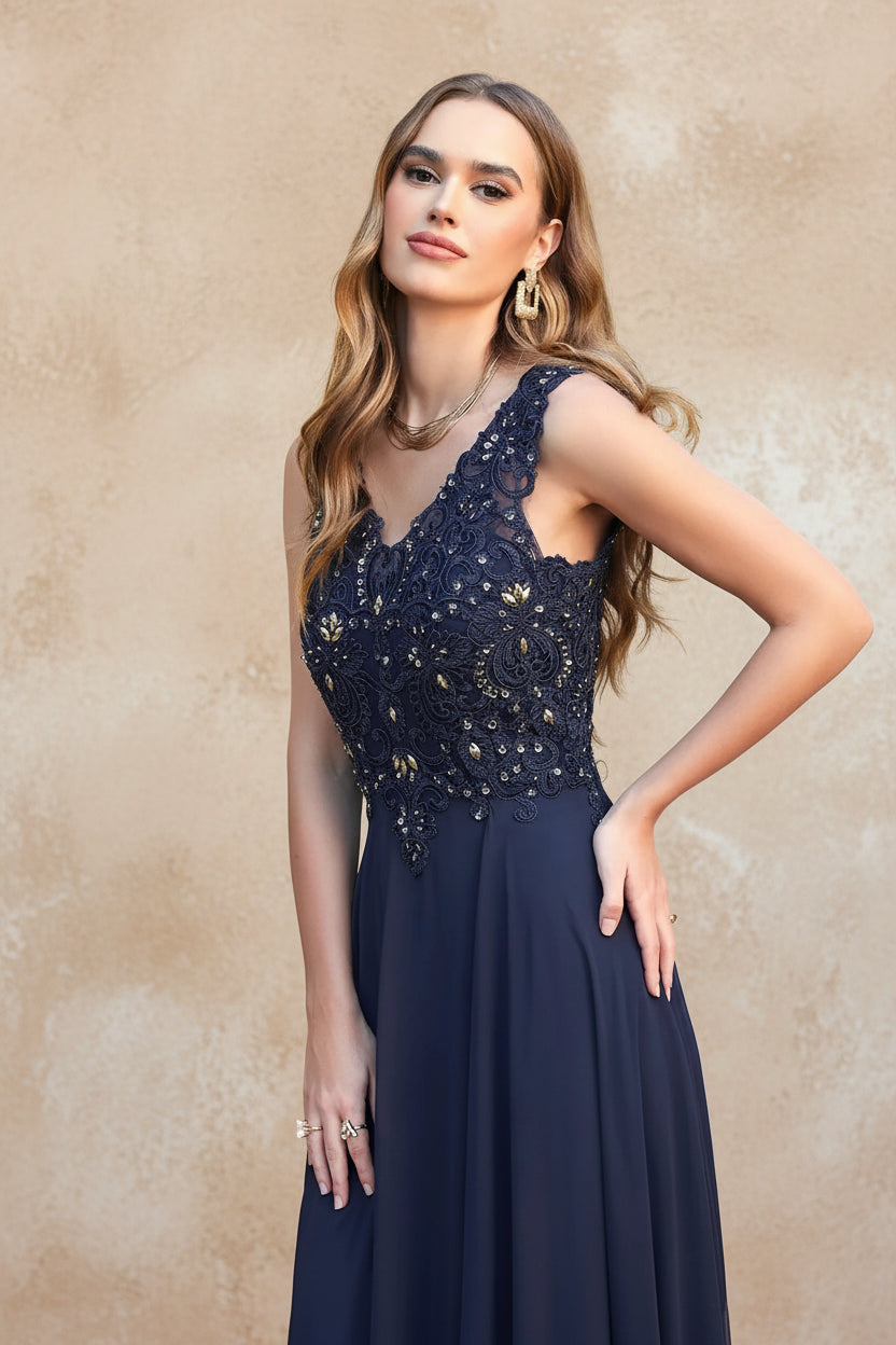 Navy Blue Chiffon Lace Beaded Evening Dresses V Neck Crystal Sleeveless Elegant Formal Party Prom Gowns Vestido De Fiesta Bride