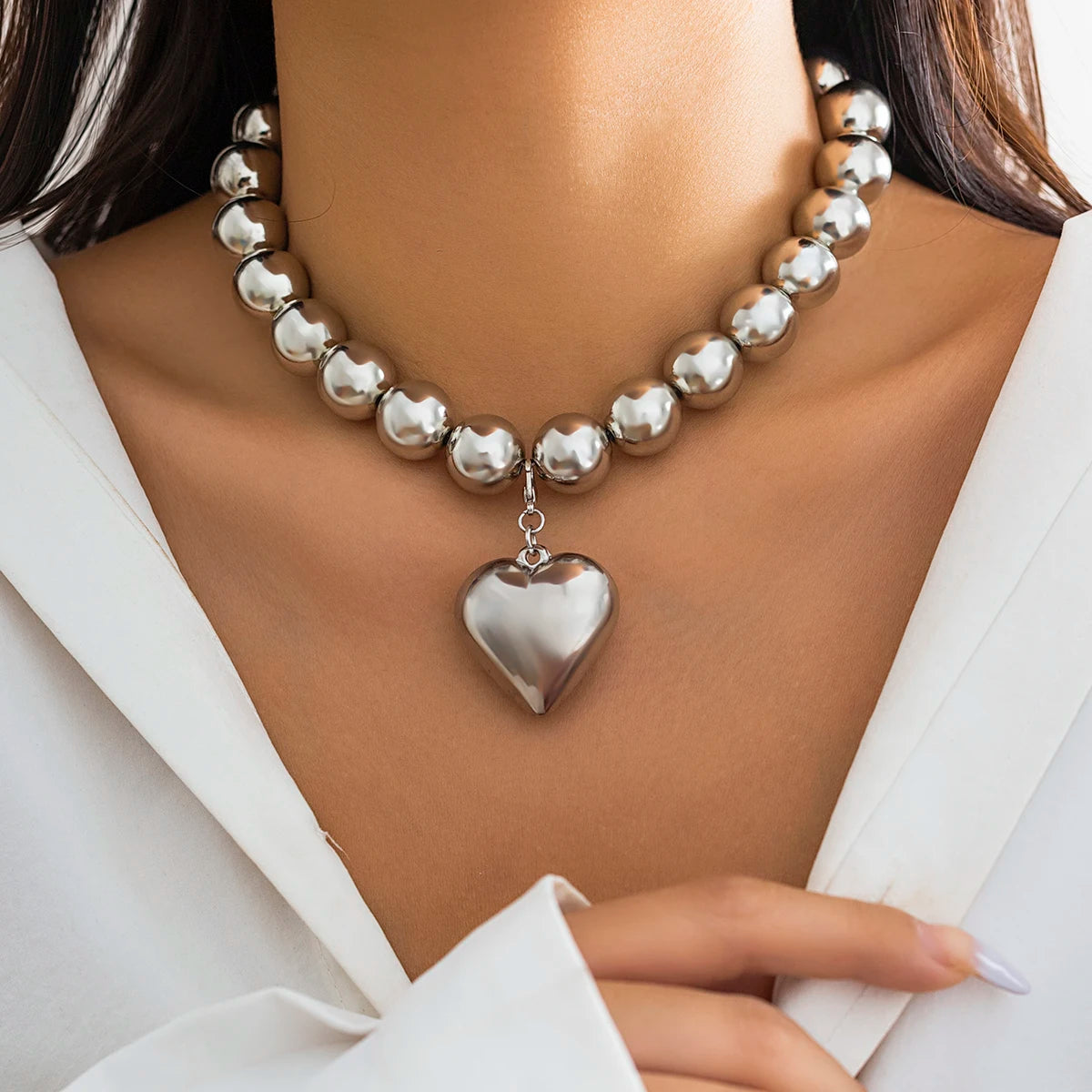Salircon Big CCB Ball Beaded Chain Heart Shape Pendant Necklace for Women Gold Color Trendy Clavicle Choker Necklace  Jewelry