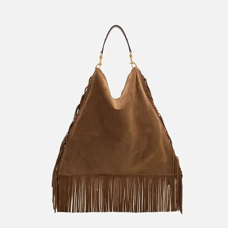CH Leather Suede Fringe Hobo Bag Brown Large Capacity Tassel Shoulder Bag Retro Western Style Casual Handbag For Women Daily