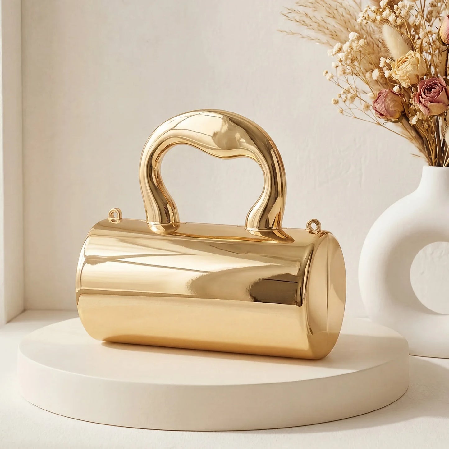 Stylish designer mini acrylic gold cylindrical clutch sparkly party bag