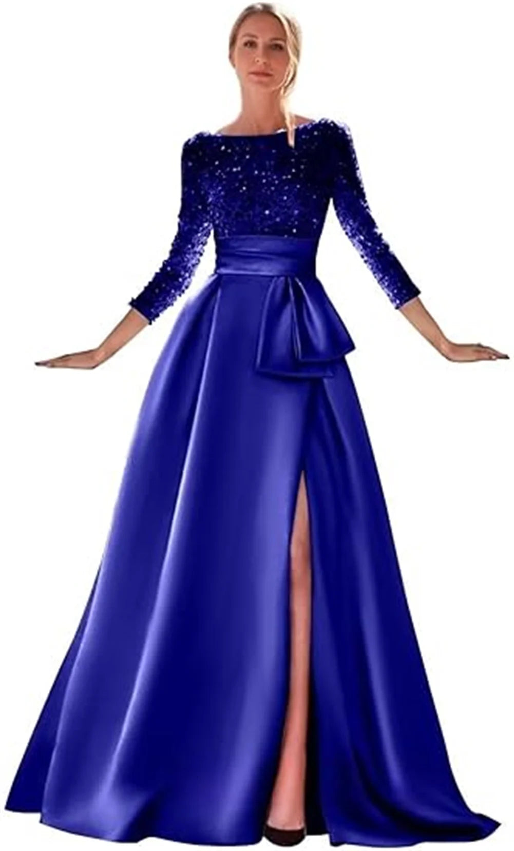 Long Sleeves Mother Of The Bride Dresses For Wedding Sparkly Sequin Ball Gowns Side Slit Satin Formal Party Prom Gown