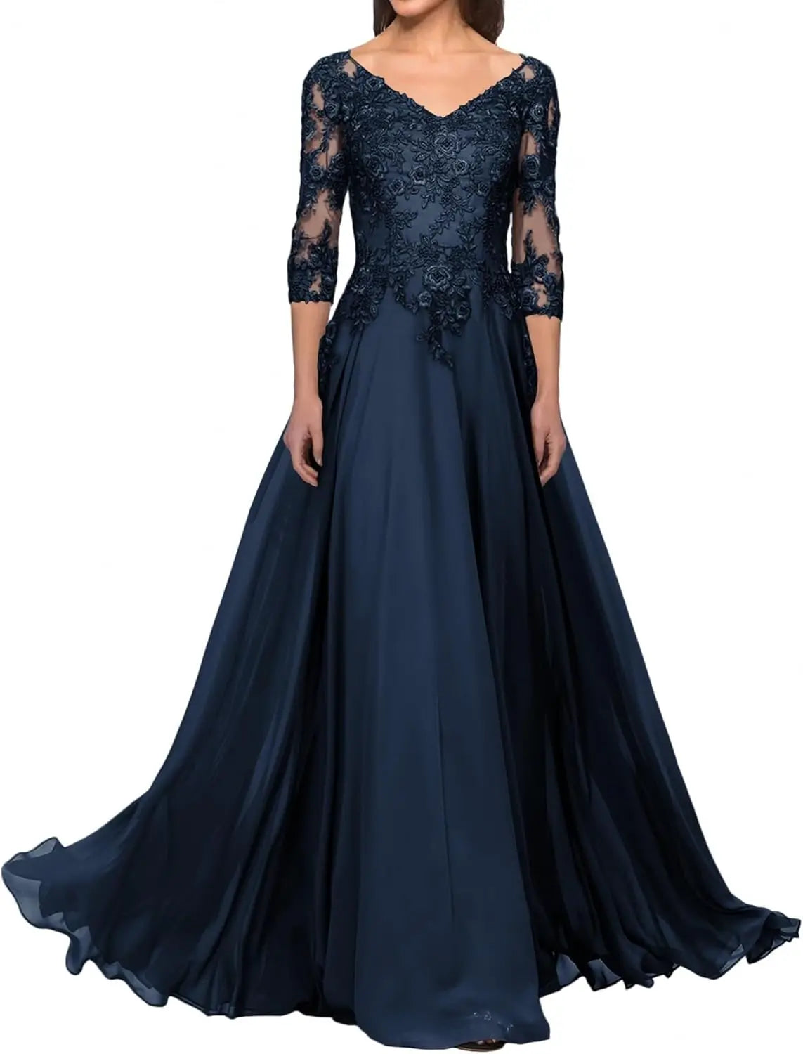 Elegant V Neck Lace Applique 3/4 Sleeve Mother of The Bride Dresses Chiffon A-Line Formal Evening Party Gowns