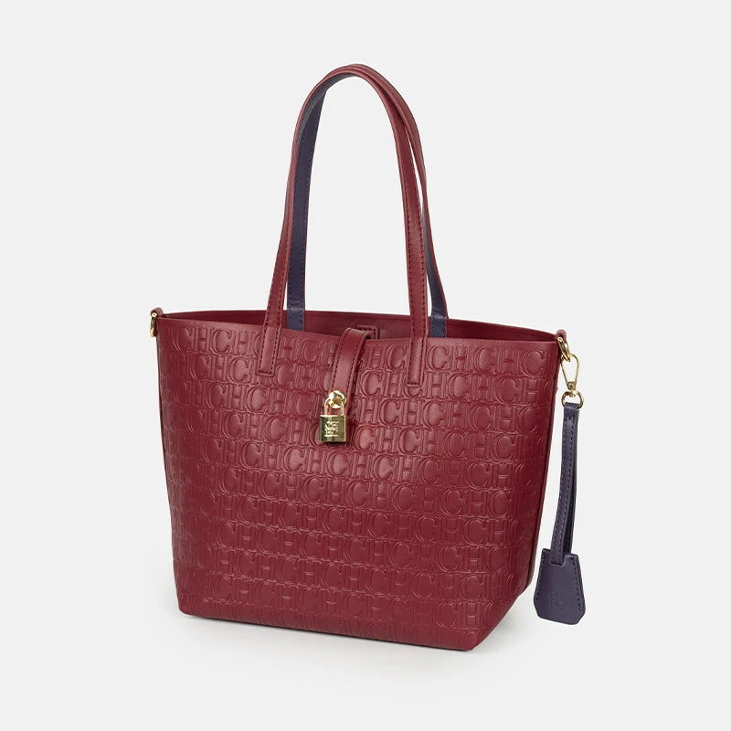 CH Embossed Monogram Tote Handbag Detachable Crossbody Strap Gold Lock Hardware Daily Fashion Women Bag