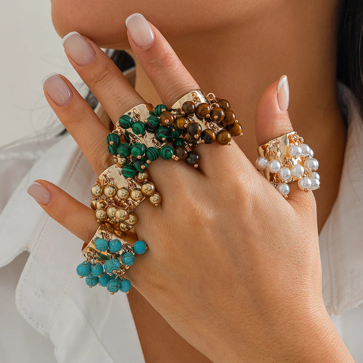 Salircon Trendy Imitation Pearl Stone CCB Small Ball Ring Women's Man 2024 Vintage Street Punk Hip Hop Ring Female Jewelry