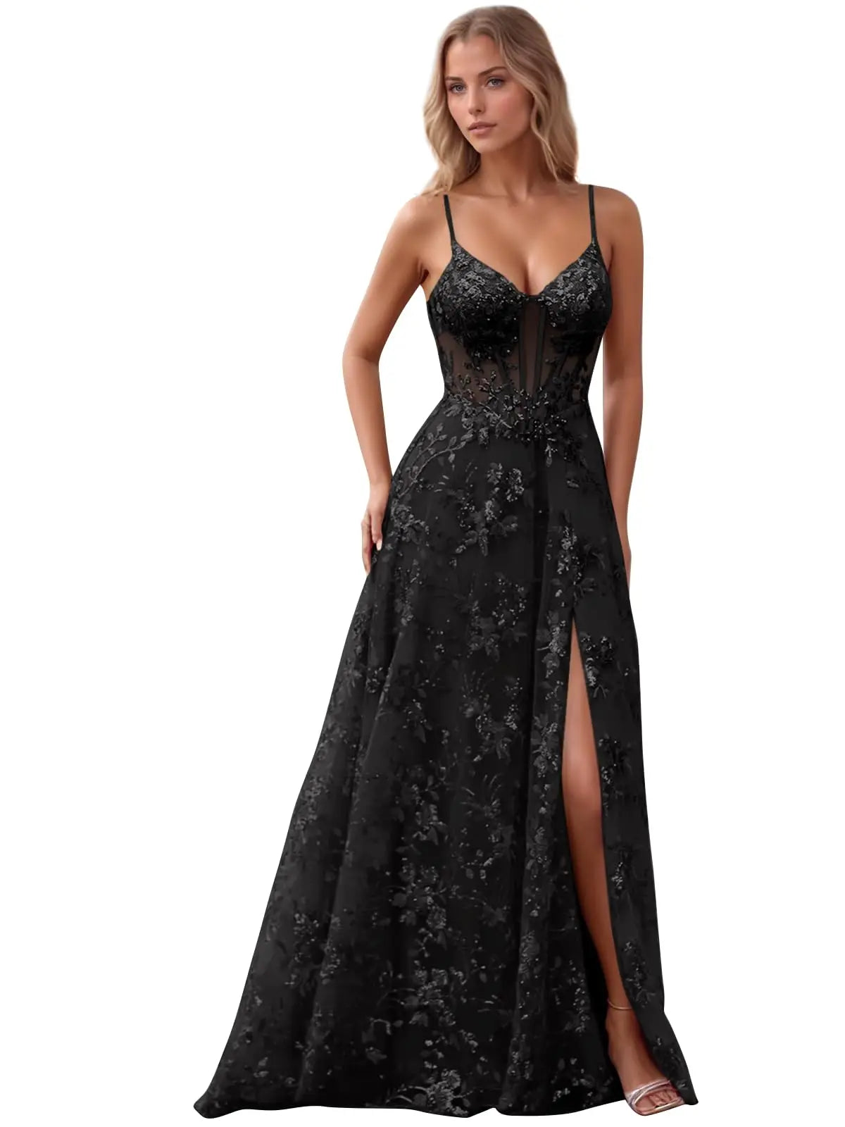 Spaghetti Strap Tulle Appliques Prom Dresses with Slit V Neck Sequin Evening Gown Women Formal Pageant Dress Long Party Dresses