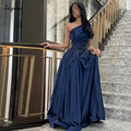 Customized One Shoulder robes de soirée Satin Sleeveless A - line Navy Blue Evening Party Dresses Floor - Length Prom Dress Formal - TrendNest