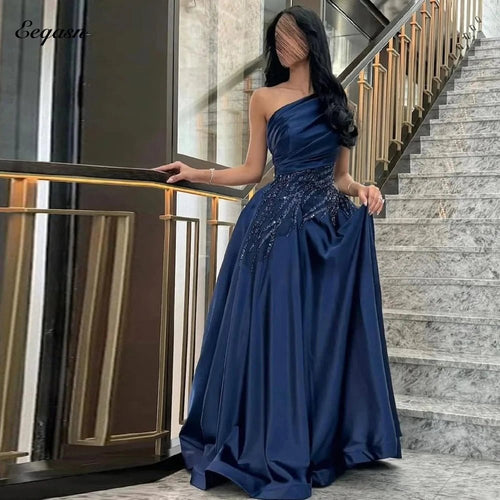 Customized One Shoulder robes de soirée Satin Sleeveless A - line Navy Blue Evening Party Dresses Floor - Length Prom Dress Formal - TrendNest