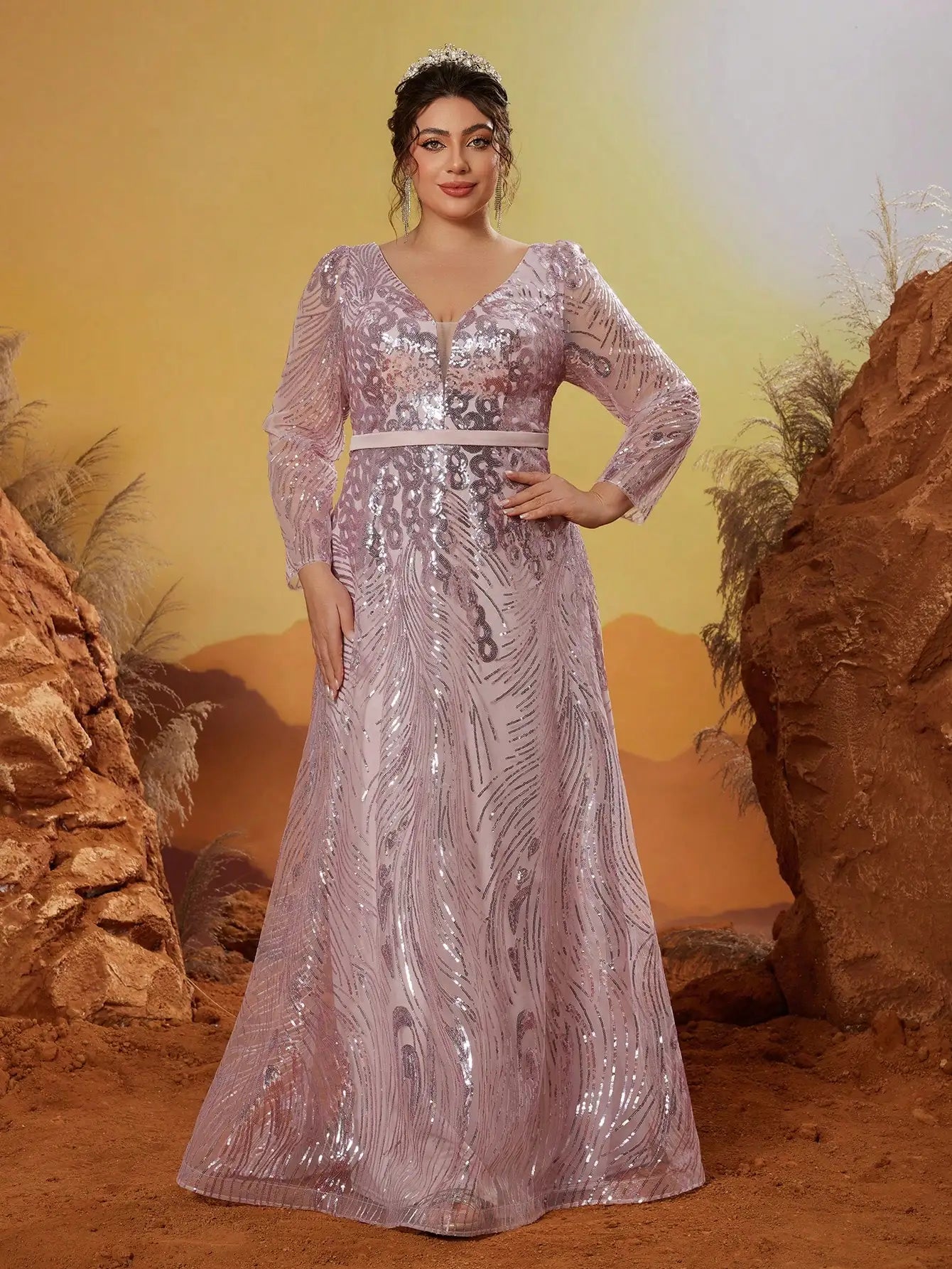 Mgiacy New Arrival V neck Noble Large size Evening gown dress Sequin belt Long dress