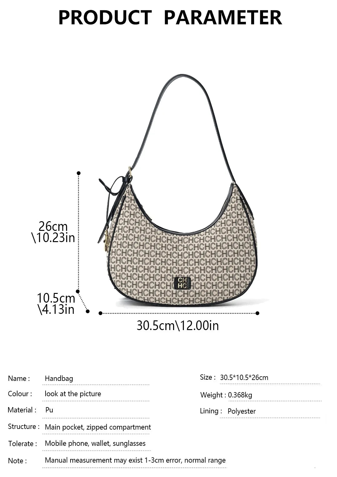 CH Women's Shoulder Bag Monogram Print Chic Retro Bag Spacious Capacity PU Material Letter Printed Design Underarm Bag