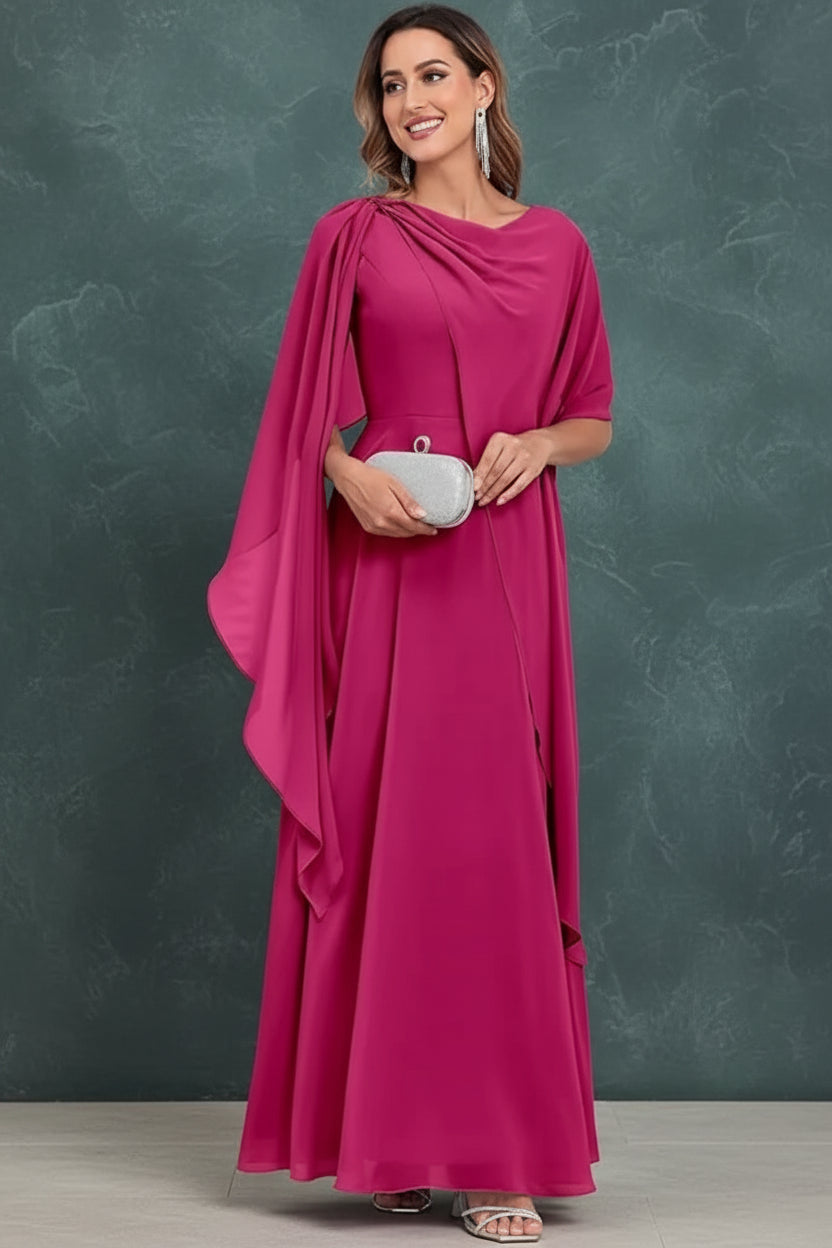 Scoop Neck Mother of The Bride Dresses Cape Shawl Ruffle Long Formal Evening Gowns Chiffon A Line Wedding Guest Bridesmaid Dress