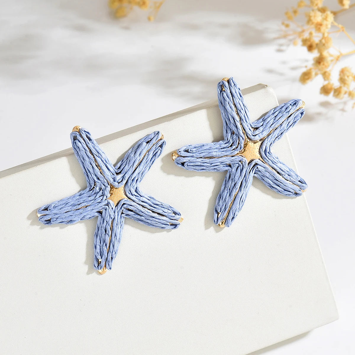 Vibrant Color Straw Woven Starfish Statement Earrings Gold Trim Ocean Star Raffia Ear Studs Bohemian Vacation Gift for Women