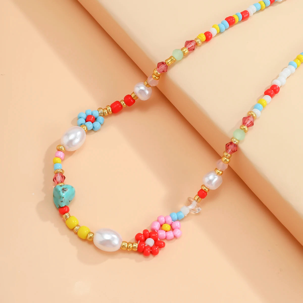 Salircon Baroque imitation Pearls Cute Flower Colorful Handwoven Beaded Short Clavicle Chain Choker Necklace Women Girls Jewelry