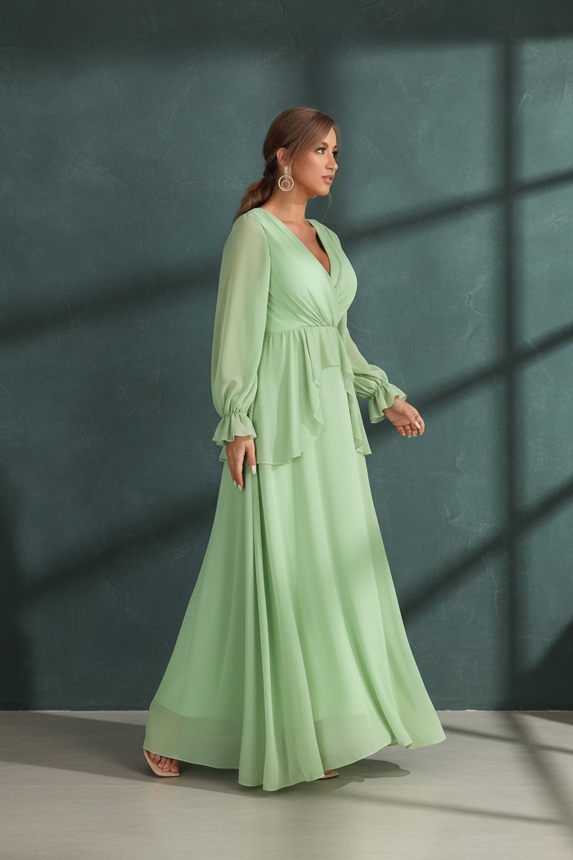 V-Neck Long Sleeve Chiffon Evening Dress