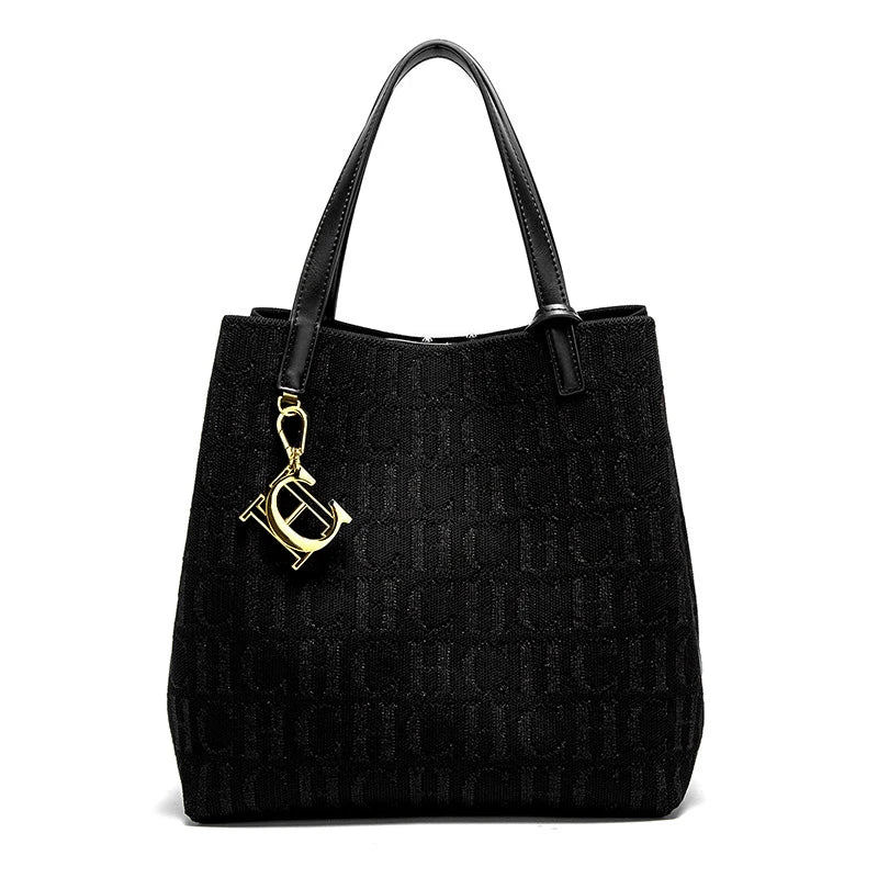 CH Trendy Solid-Color Women's Bucket Bag - Large Capacity Letter Print Design with Detachable Strap Inner Card Pockets Handbag